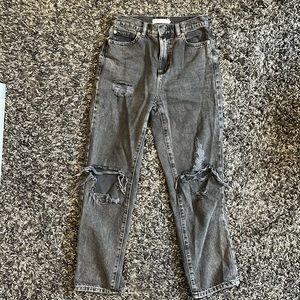 Black Straight Leg Distressed Denim Jeans High Waist